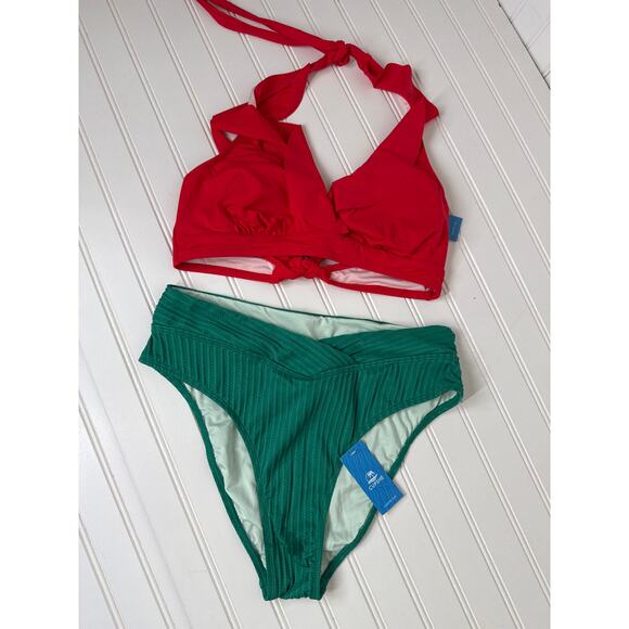 NWT Cupshe Swimsuit - Red Halter Floral Underwired Top & Bottom Bundle Sz L - Picture 3 of 5